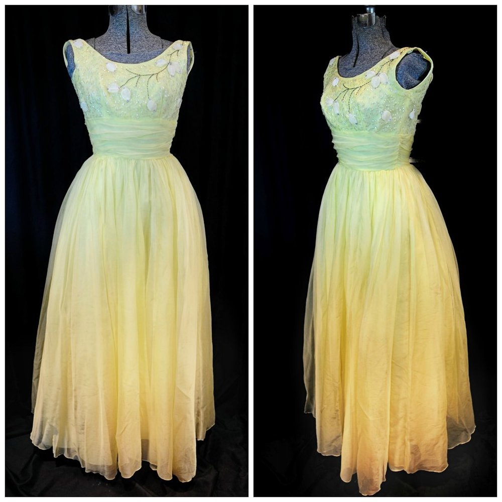 VTG 50s Sun Yellow Organza PROM Formal Gown XXS/XS